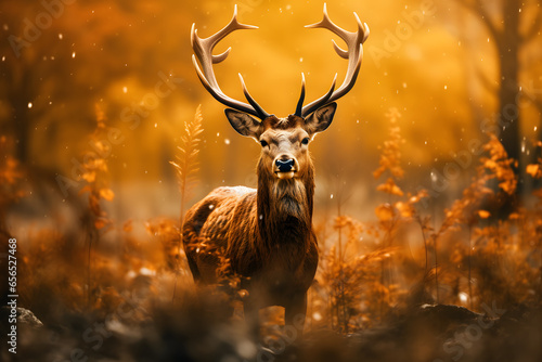 Wild deer in the autumn forest. Horned wild animal.  © vik.stock