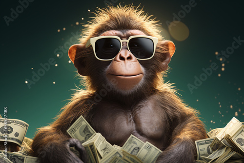 Fototapeta cute monkey with sunglasses and cash