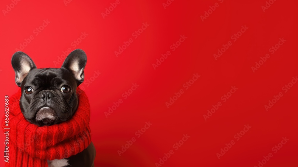 Cute French BullDog in a Red Hat and Scarf on a Red Background with Space for Copy - generative AI