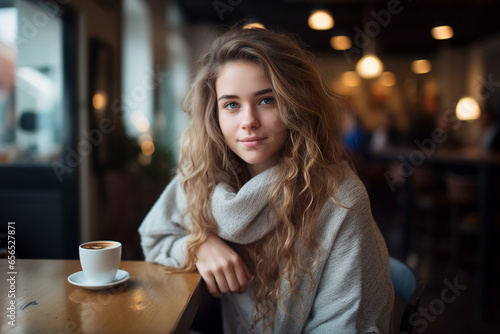 Young beautiful girl sitting table in trendy cafeteria cafe drinking hot fresh coffee Generative AI technology photo