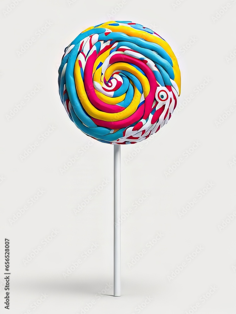 Una piruleta de caramelo vibrante y colorida, con remolinos de rosa, azul y amarillo, que descansa sobre un fondo blanco prístino. Una piruleta de caramelo vibrante y colorida, con remolinos de rosa, azul y amarillo, que descansa sobre un fondo blanco prístino.