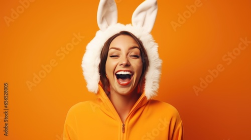 Happy Laughing Young Woman iWearing Bunny Costume for Halloween and/or Easter on an Orange Background with Space for Copy - generative AI photo