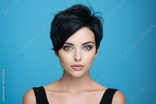 Generative AI picture of beautiful woman fashion model black hairstyle blue eyes