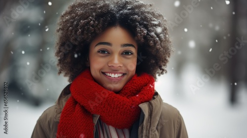 Happy Young African American Girl in a Red Scarf in the Snow with Space for Copy - generative AI