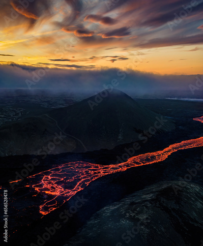 Drone view over an active volcano in Iceland