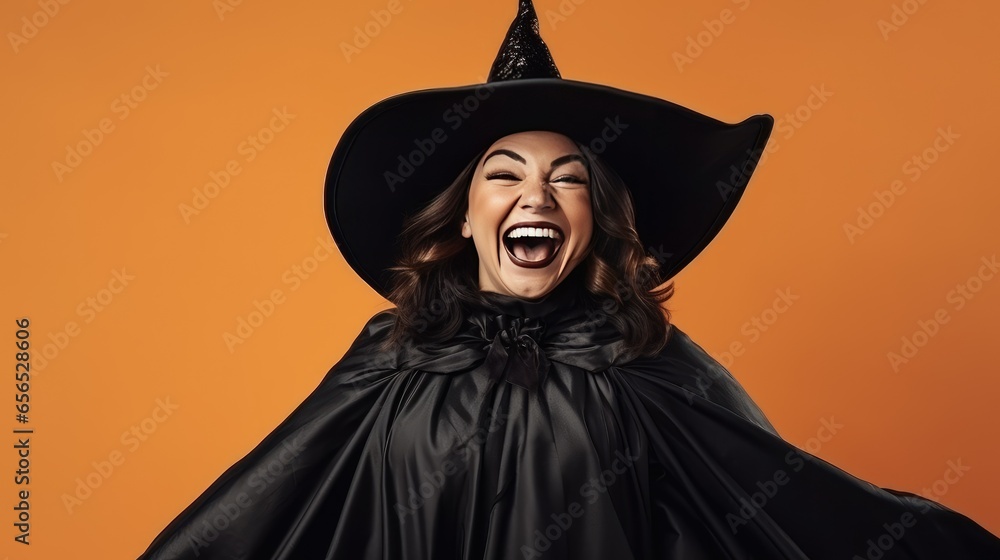 Laughing Happy Adult Woman Wearing a Witches Costume for Halloween on an Orange Banner with Space for Copy - generative AI