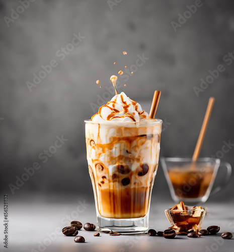 Coffee in a cup with Fredo Ice Latte Caramel Coffee and Tonic, isolated on a white type background Generative AI photo