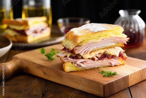 freshly made monte cristo sandwich on a chopping board