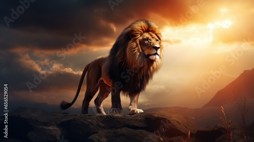 powerful image of a majestic lion  standing on a savannah hill  the rays of the sun burning through the clouds  a noble pout and an intense gaze - generative AI
