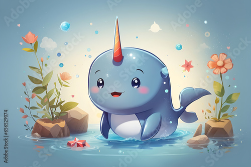 This cute cartoon illustration of a narwhal generated by AI. photo