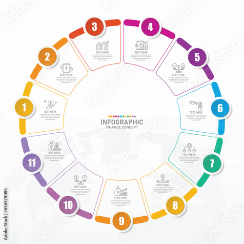 Basic circle infographic with 11 steps, process or options.