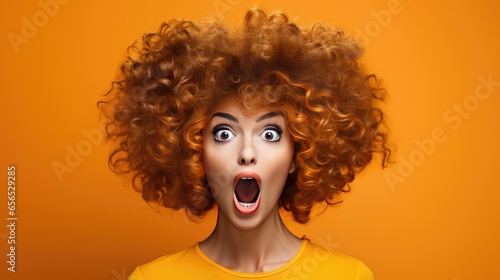 Surprised Woman with Big Hair on an Orange Background with Space for Copy - generative AI