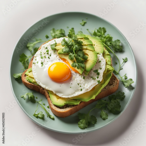 Delicious Plate of Avocado Toast with a Fried Egg and cilantro Isolated on a White Background Generative AI