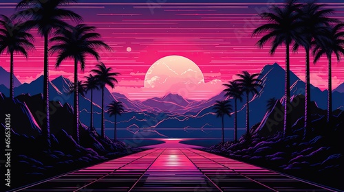 cool retrowave or synthwave style poster wallpaper background  night grid poster