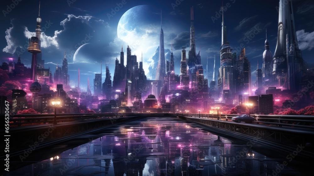 Futuristic Cyberpunk Cityscape at Night. Skyscrapers, Flying Cars, Neon Lights - 3D Digital Art