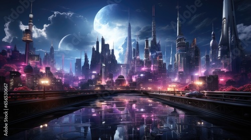 Futuristic Cyberpunk Cityscape at Night. Skyscrapers  Flying Cars  Neon Lights - 3D Digital Art