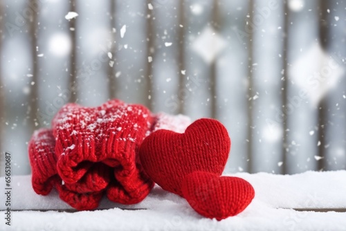 red knit gloves cradling a cup of hot cocoa amidst snow