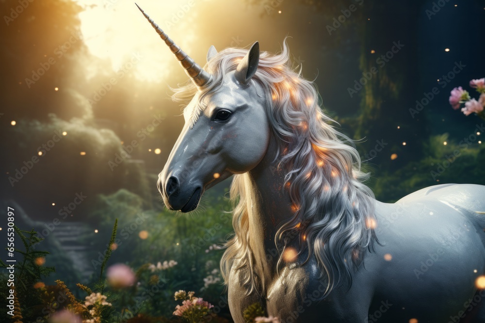 A magnificent, sparkling unicorn in a lush mountain clearing. This photorealistic image exudes naturalism, featuring cinematic composition and lighting. Created using AI technology 