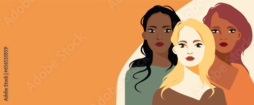  Vector horizontal banner beige yellow background place for text for International Women's Day, women of different cultures and nationalities. Vector concept of movement for gender equality and women' photo