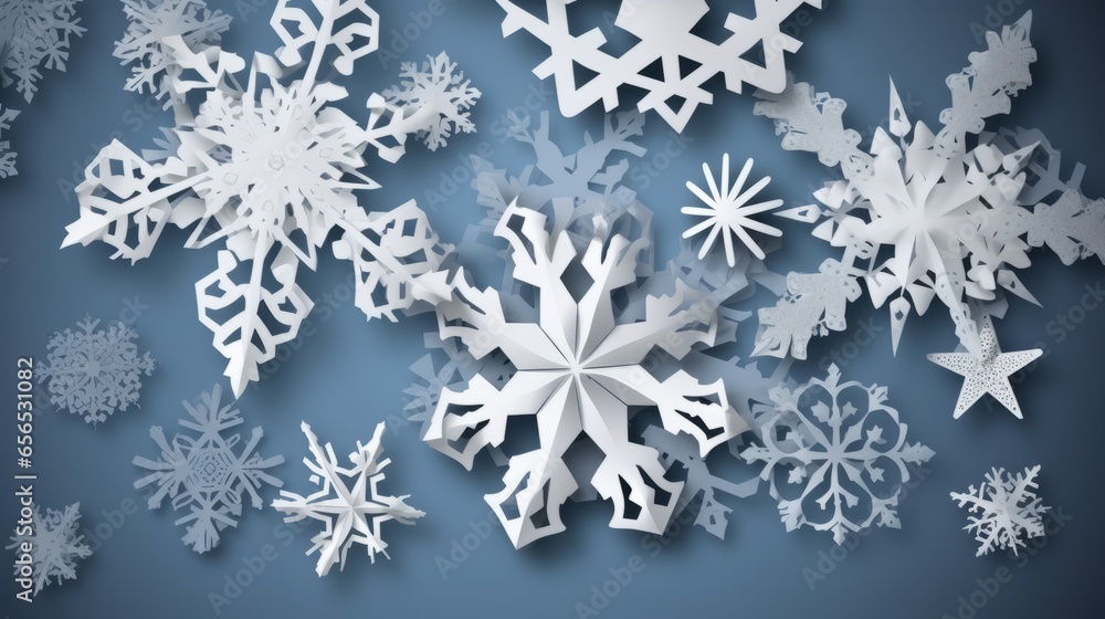 Merry Christmas and happy new year card. Paper cut snowflakes on blue background. Merry Christmas and happy new year card. Paper cut snowflakes on blue background.
