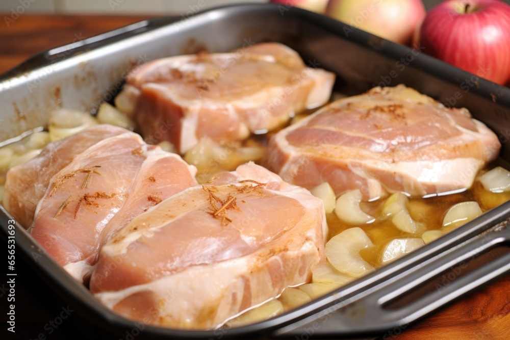 uncooked pork chops having apple sauce generously slathered onto them