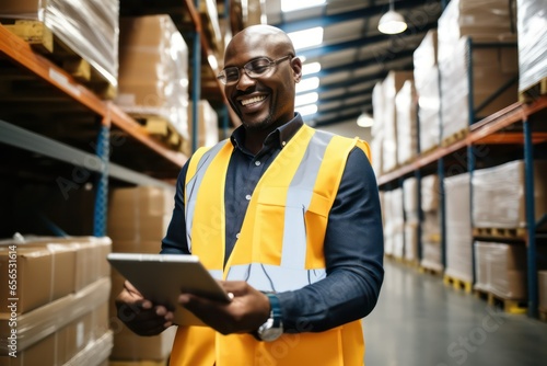 Smiling and laughing african salesman in equipment warehouse stands and checks deliveries on his tablet