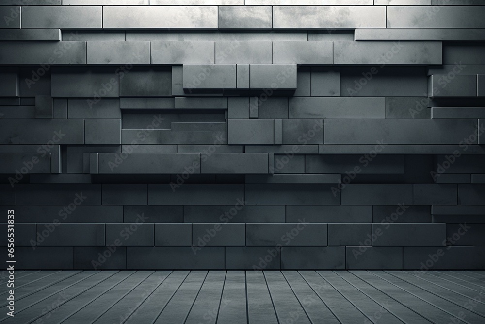 Futuristic 3D wall with tiled concrete wallpaper featuring polished rectangular blocks. Generative AI - obrazy, fototapety, plakaty 