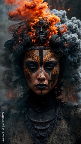 portrait of a woman with smoke and fire, a double exposure photo illustration