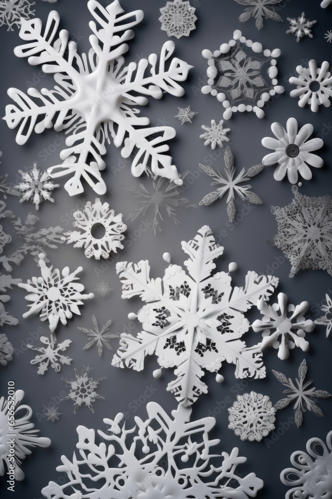 Merry Christmas and happy new year card. Paper cut snowflakes on light gray background. Merry Christmas and happy new year card. Paper cut snowflakes on light gray background.