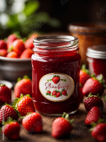 Strawberry jam in a jar, made of fresh fruit, delicious, macro photography