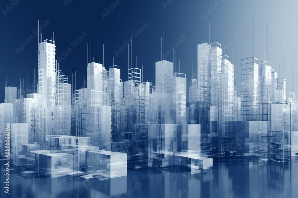 Abstract 3d cityscape view makes of transparent light blue buildings, AI generated