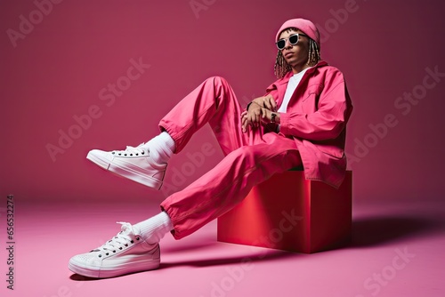 Modern fashion. Colorful background pop style. Cool serious stylish man studio portrait i photo