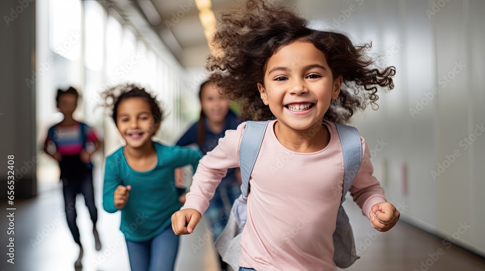 happy kids with backpacks on the corridors of the school. back to school. happy kids with backpacks on the corridors of the school. back to school.