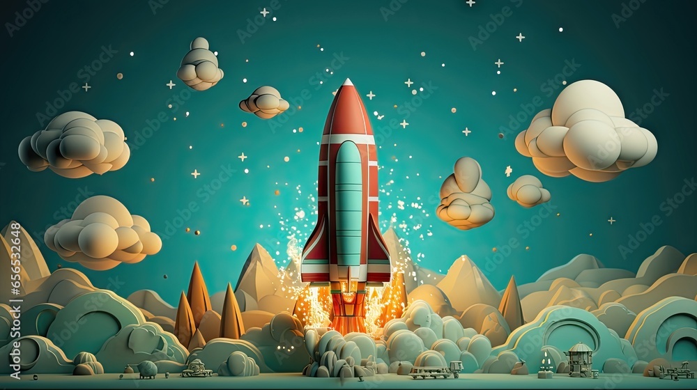 Rocket Launch Paper Cut Illustration. Ideal for Start-Up Design Concepts with Copy Space