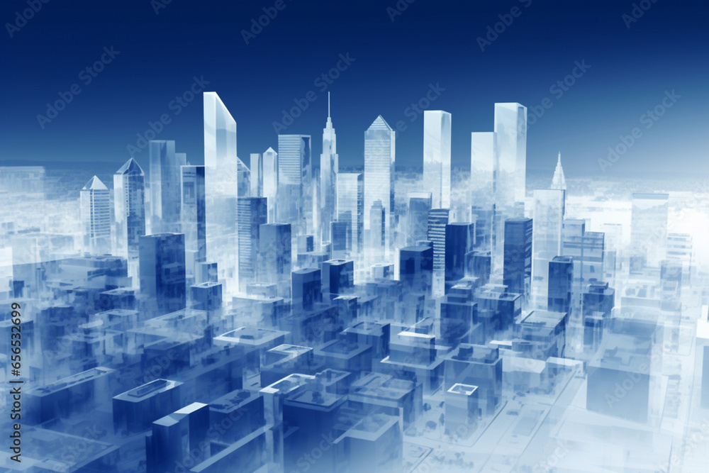 Obraz premium Abstract 3d cityscape view makes of transparent light blue buildings, AI generated