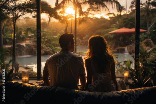 Young couple traveler relaxing and enjoying the sunset with evening light by the tropical resort pool while traveling during summer vacation.