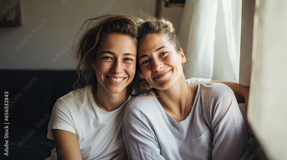 Obraz premium diverse lesbian couple, sitting on a comfortable couch, beaming with joy as they enjoy each other