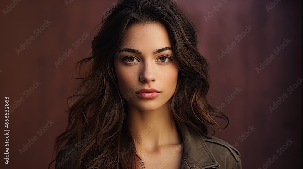 Frontal portrait of model with long hair and dark makeup,confidence,against a colorful background. Frontal portrait of model with long hair and dark makeup,confidence,against a colorful background.