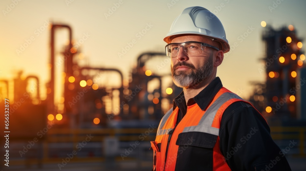 Experienced engineer in orange vest and hard hat stands before oil refinery Experienced engineer in orange vest and hard hat stands before oil refinery