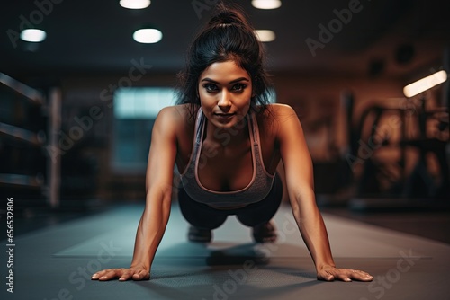 Fit woman performing push ups with determination in a well-equipped gym.