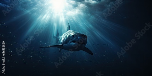 Fearsome great white shark lurking beneath the surface of the water,creating eerie underwater scene © Banana Images