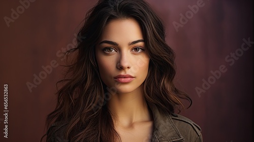 Frontal portrait of model with long hair and dark makeup,confidence,against a colorful background.