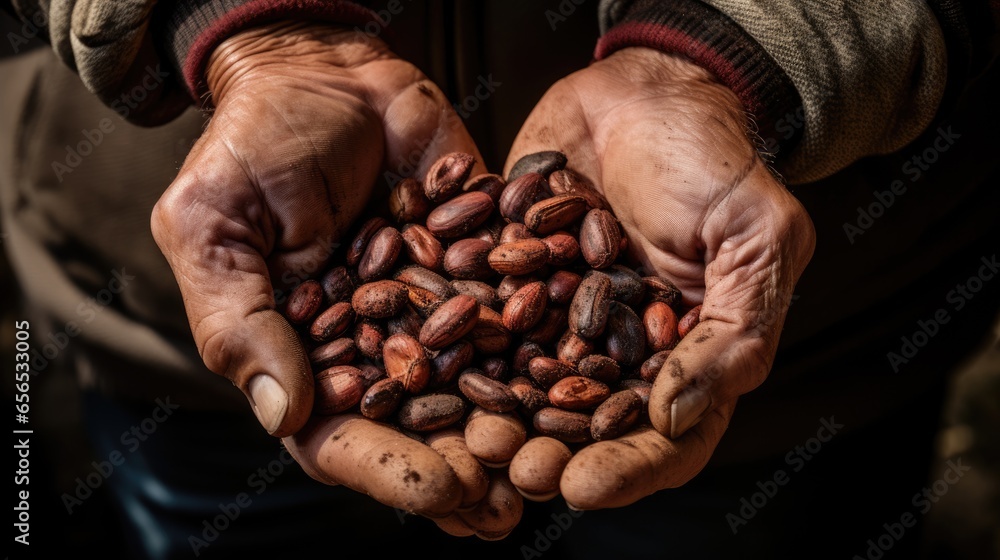 Close up of farmer hands holding coffee cherry after dry process. Organic product natural origin - obrazy, fototapety, plakaty 