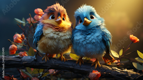 Cartoon illustration, plump, cute and charming birds in different colors each perched on a sturdy branch.  © Aisyaqilumar