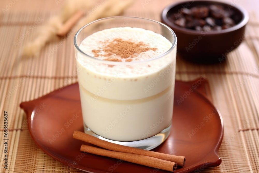 a full glass of rice pudding drink on a bamboo mat a full glass of rice pudding drink on a bamboo mat
