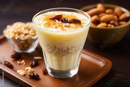 rice pudding drink in a square glass alongside toasted nuts