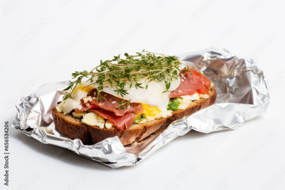 open-faced sandwich in foil on minimalist white background open-faced sandwich in foil on minimalist white background