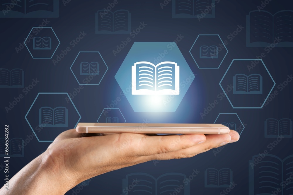 e-library concept, digital book icons e-library concept, digital book icons