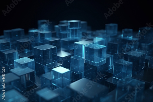 3d transparent light blue cubes over dark background. Technology and business concept. Ai generated