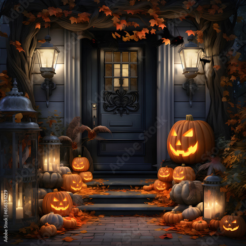 front door decorated with Halloween decorations, , bright image, realistic